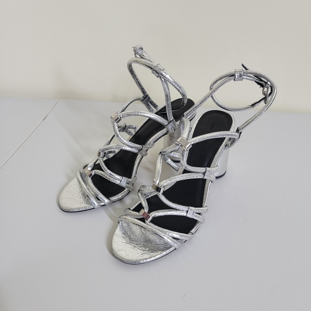 Rebecca Minkoff Appoline silver metallic strappy heels 8.5 round heel - Picture 2 of 8